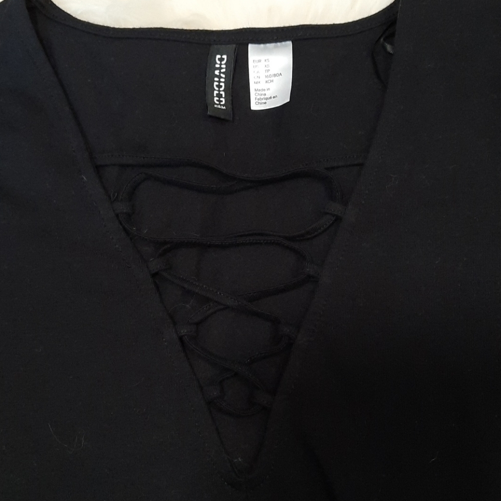 Strappy Front Vneck Longsleeve Black Bodysuit - Picture 2 of 3